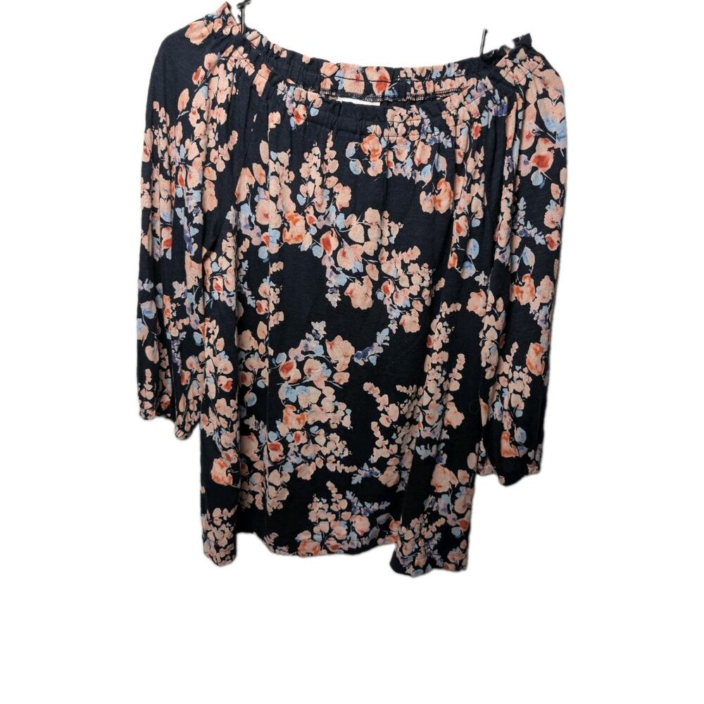 J Jill Womens Petite Small PS Navy Floral Off Shoulder Knit Blouse Shirt Top EUC